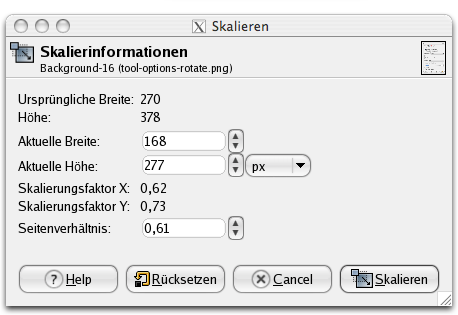 Dialogfenster des Werkzeuges Skalieren